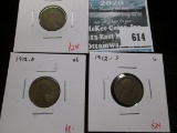 3 Lincoln Cents, 1912 F, 1912-D VG & 1912-S G, group value $34+