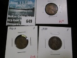 3 Lincoln Cents, 1932-D F, 1933 F &1933-D F, value for group $10+