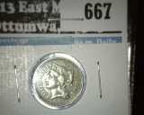 1868 3 Cent Nickel, F, value $25