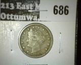 1889 V Nickel, VF dark, VF value $50