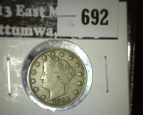 1906 V Nickel, F18, value F value $10, VF value $15