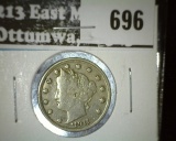 1911 V Nickel, VF+, value $15
