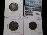 3 V Nickels, 1899 F+ dark, 1901 VF dark & 1902 XF+ dark, group value problem free $50+