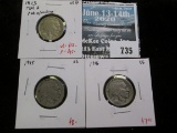 3 Buffalo Nickels, 1913 type 2, VG/F, 1915 VG & 1916 VG, group value $25 to $30