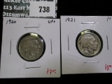 2 Buffalo Nickels, 1920 VF+ & 1921 F+, value for pair $15