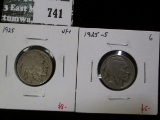 2 Buffalo Nickels, 1925 VF+ & 1925-S G, value for pair $13