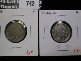 2 Buffalo Nickels, 1926 F & 1926-D VG, value for pair $20+