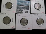 5 Buffalo Nickels - 1934 VF, 1934-D F, 1935 F, 1935-D G & 1935-S F, group value $12+