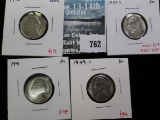 4 Jefferson Nickels, 1940 UNC/BU, 1941 BU, 1949-S BU & 1951-S BU, group value $14 to $24