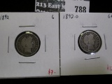 2 Barber Dimes, 1892 G & 1892-O G+, value for pair $19