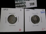 2 Barber Dimes, 1893 G & 1897 VG toned, value for pair $13