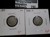 2 Barber Dimes, 1899 F+ & 1899-O G, value for pair $18