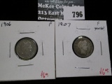 2 Barber Dimes, 1906 F & 1907 F toned, value for pair $12