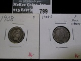 2 Barber Dimes, 1908 F & 1908-D F, value for pair $12