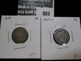 2 Barber Dimes, 1909 VG & 1909-O VG, value for pair $13