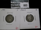 2 Barber Dimes, 1910 F & 1910-D VG, value for pair $11