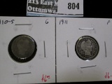 2 Barber Dimes, 1910-S G & 1911 F, value for pair $12