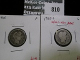 2 Barber Dimes, 1915 F & 1915-S G, value for pair $13