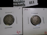 2 Barber Dimes, 1916 F & 1916-S F, value for pair $12