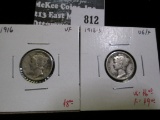 2 Mercury Dimes, 1916 VF & 1916-S VG/F, value for pair $14 to $17