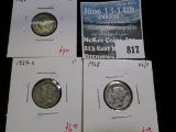 3 Mercury Dimes, 1927 XF, 1927-S F & 1928 VG/F, group value $16+