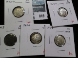 5 Different Date Roosevelt Dimes, all BU, 1962-D, 1963, 1963-D, 1964, 1964-D, group value $25
