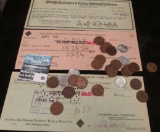 (3) different 1940-50 era Rail Road Checks; & a group of Old Wheat Cents including WW II Steel Cents