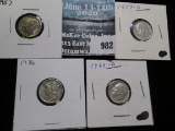 1936 P, 57 P, 59 D, & 64 D Silver U.S. Dimes. Grades up to BU.