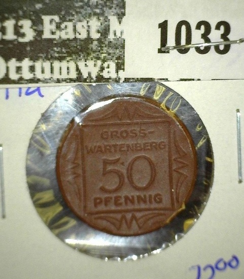 Porcelain 50 Pfennig Coin Notgeld ( Emergency Money) From Wurttemberg Dated 1921