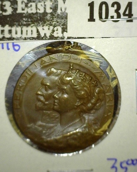 1916 Medal With King Ferdinand Of Romania And His Wife Marie With The Royal Coat Of Arms On The Reve