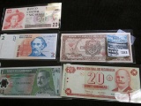 5 Bank Notes From Central And South America Includes Argentina, Nicaragua, Guatemala, And Brazil