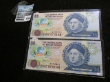 2 Crisp One Dollar Bank Notes From The