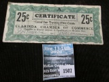 1933 Depression Scrip.  MS #:  IA220-.25A. City:  Clarinda, Iowa. Issuer:  Clarinda Chamber of Comme