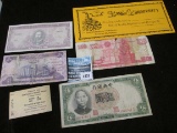 Good for 5c Muscatine, Iowa Merchant's Bridge Ticket; (4) Old Foreign Banknotes; & an advertising Ba