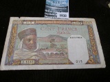 Banque e L'Algerie Banknote, 100 Francs, 2-11-42. World War II Banknote depicting a farmer.