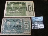 Five & Ten Mark Muhlhausen Germany Banknotes from 1918.