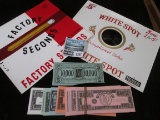 Avalon Hill $10,000 Banknote; two different Old Cigar Box labels; & a bundle of 1975 John Deere VIP