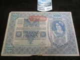 1902 1000 Kronen Austrian Banknote. Double headed Eagle, over-sized banknote.