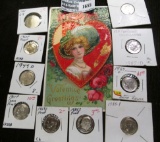 1913 Valentine's Greeting Postcard with stamps; 1901 Liberty Nickel; 1960P Proof, 49 D BU, 61 P Proo