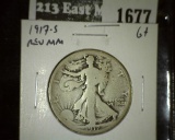 1917-S rev MM Walking Liberty Half, G+ value $18