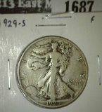 1929-S Walking Liberty Half, F, value $18