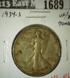 1934-S Walking Liberty Half, VF/XF toned, VF value $16, XF value $30