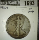1936-S Walking Liberty Half, VF toned, value $16