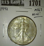 1942 Walking Liberty Half, MS63, NICE, value $60
