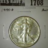 1945-D Walking Liberty Half, AU+, value $20