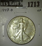 1947-D Walking Liberty Half, VF, value $17