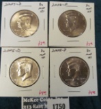 4 BU Kennedy Halves, 2005-P, 2005-D, 2006 P & 2007-D, all BU from Mint Sets, group value $14