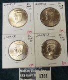 4 BU Kennedy Halves, 2008-P, 2008-D, 2009-P & 2009-D, all BU from Mint Sets, group value $12