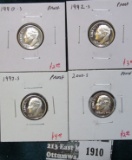 Group of 4 Proof Roosevelt Dimes, 1990-S, 1992-S, 1993-S & 2000-S, group value $12+