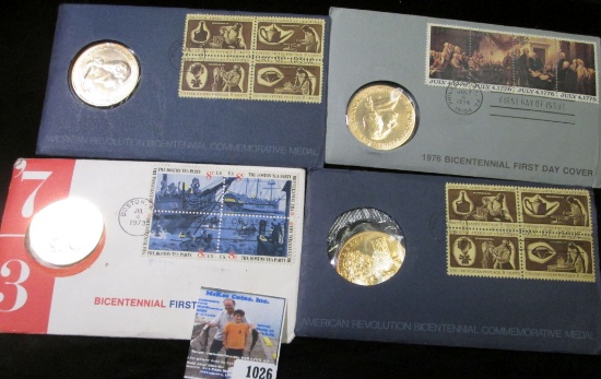 Four Bicentennial Stamped First Day Covers with 39mm Brass Medals, (2) 1972, 73, & 76